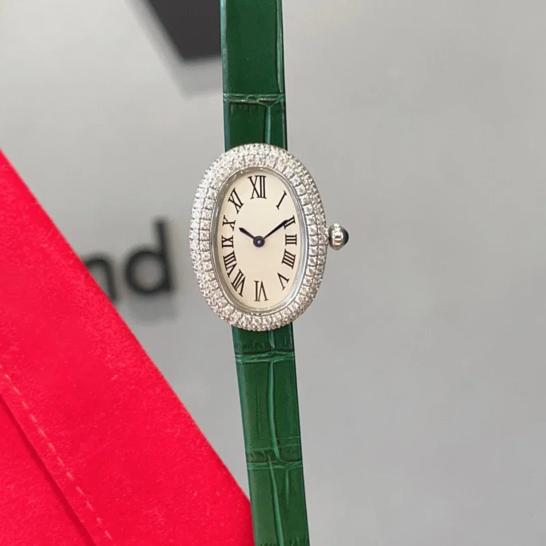 العلامة التجارية ساعات المعصم امرأة فتاة عالية الجودة جميلة 23 مللي متر الماس البيضاوي نمط اليابانية حركة الكوارتز حزام من الجلد على مدار الساعة CT80