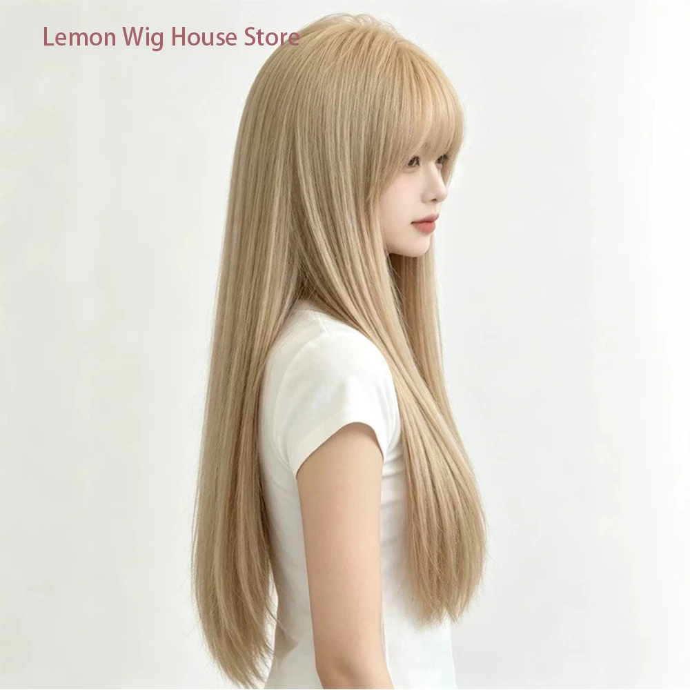 Picture 5: Long Straight Light Gold Wig with Bangs High-Layered Synthetic Wigs for Women's Daily Cosplay Wig Heat Resistant Synthetic Hair