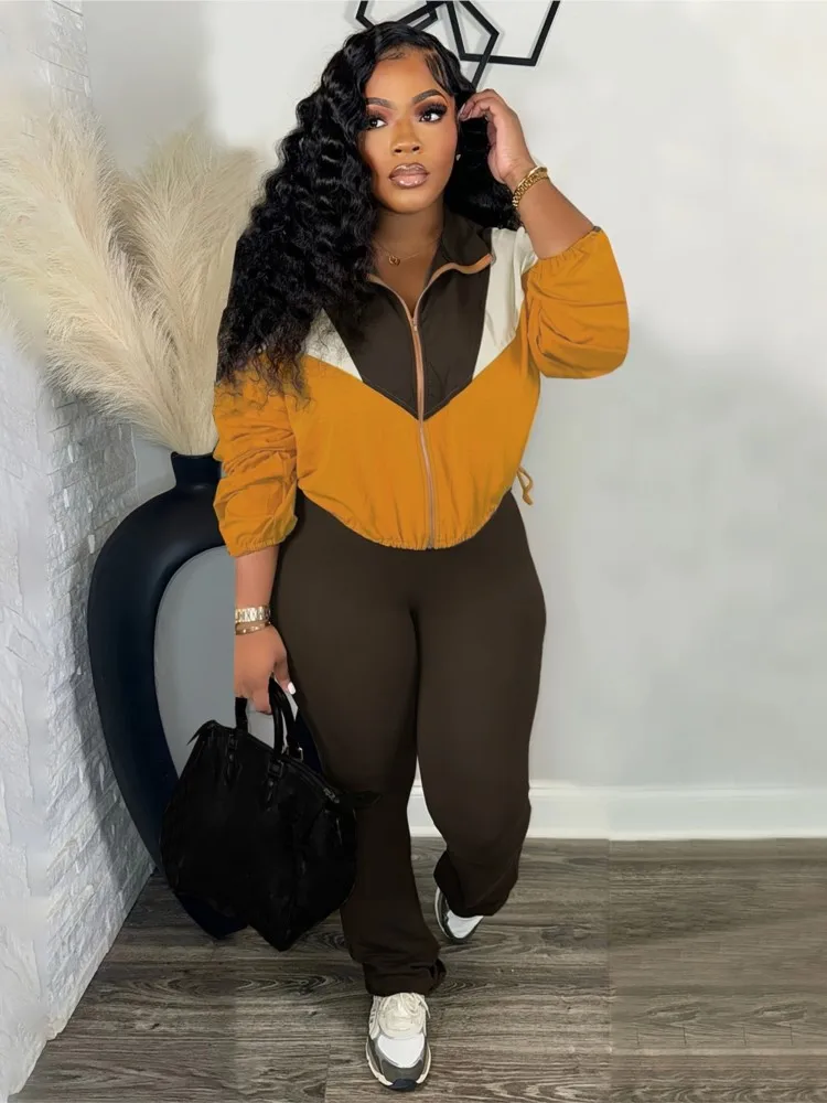 

Woman's Foreign Style Color Blocked Two-piece Set Fashion Flip Collar Loose Short Zipper Top Pants Suit Spring Ladies Outfit