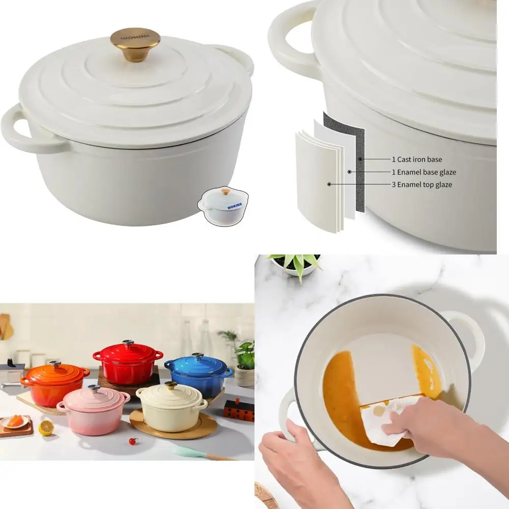 

Сверхмощный эмалированный чугунный голландский горшок с крышкой, 4 литра, кремово-белый, идеально подходит для выпечки хлеба, тушения, раковины, обжарки