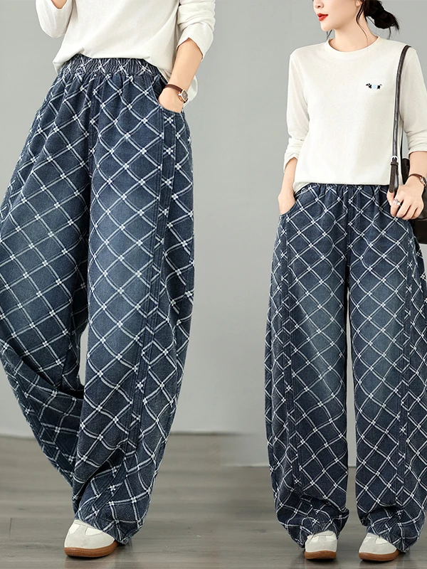 plus Size Women's Floral Embroidered Flocked Denim Wide Leg Pants Elastic Waist Loose Fit Slimming High Waist Casual Jeans