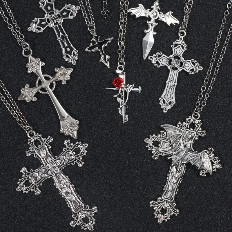 9-piece Gothic cross necklace set with bat wings, rose thorns decoration, cross pendant, silver chain, punk, dark aesthetic jewe