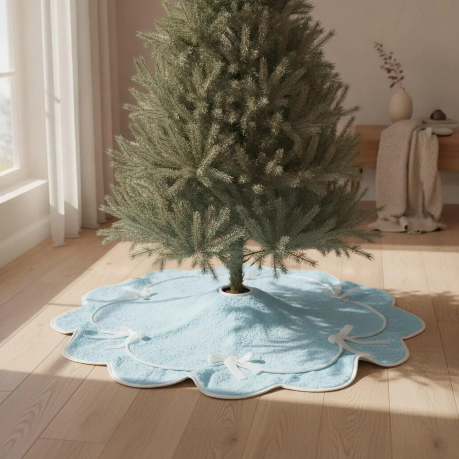 クリスマスツリー用のふわふわ素材のスカート。リボンで結ぶタイプで、波型の縁が特徴。リビングの装飾や飾り付けに最適な、柔らかい素材のベースカバー。