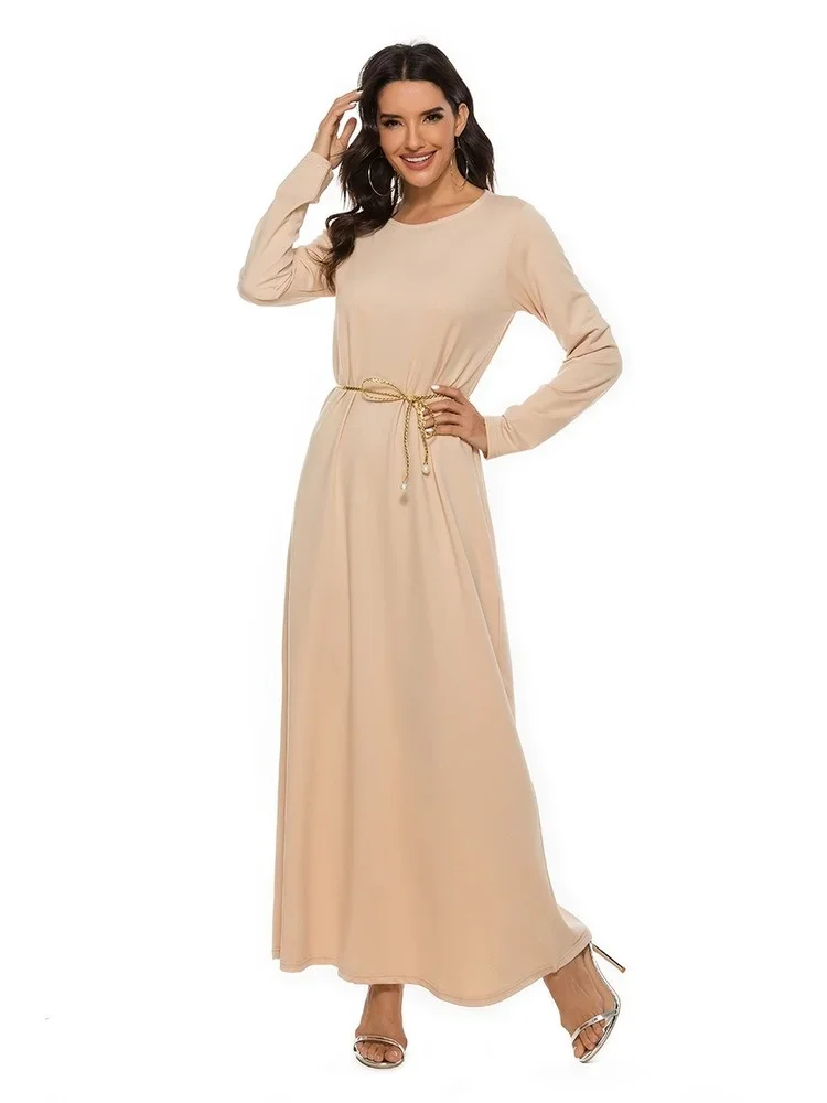 2025 New Hot Sale Islamic Women's Muslim Abaya Basic Style Solid Color A- Line Long Sleeve Dress with Belt Casual for Party