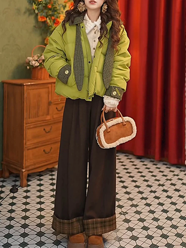 

Зимний комплект Faion с кроличьими ушками в клетку с капюшоном на пуху, хлопковые широкие брюки из двух предметов, повседневные дышащие средние тонкие брюки