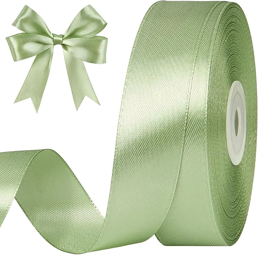 Sage Green Satin Ribbon Fabric Ribbon Roll for Flower Bouquets, Gift Wrapping, Wedding, Handmade Crafts 4cm Continuous 24Yards