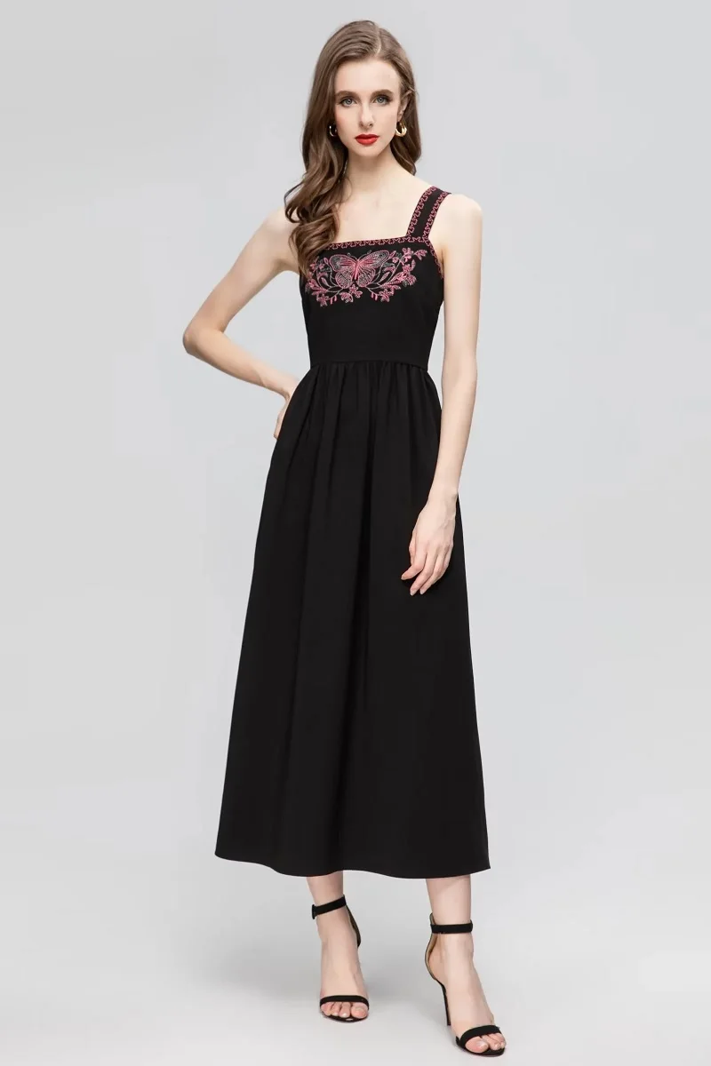 Robe de soirée noire sans manches pour femmes, robe de piste, longue sangle, broderie luxueuse, qualité supérieure, nouveau, automne, hiver, 2023, F. C.