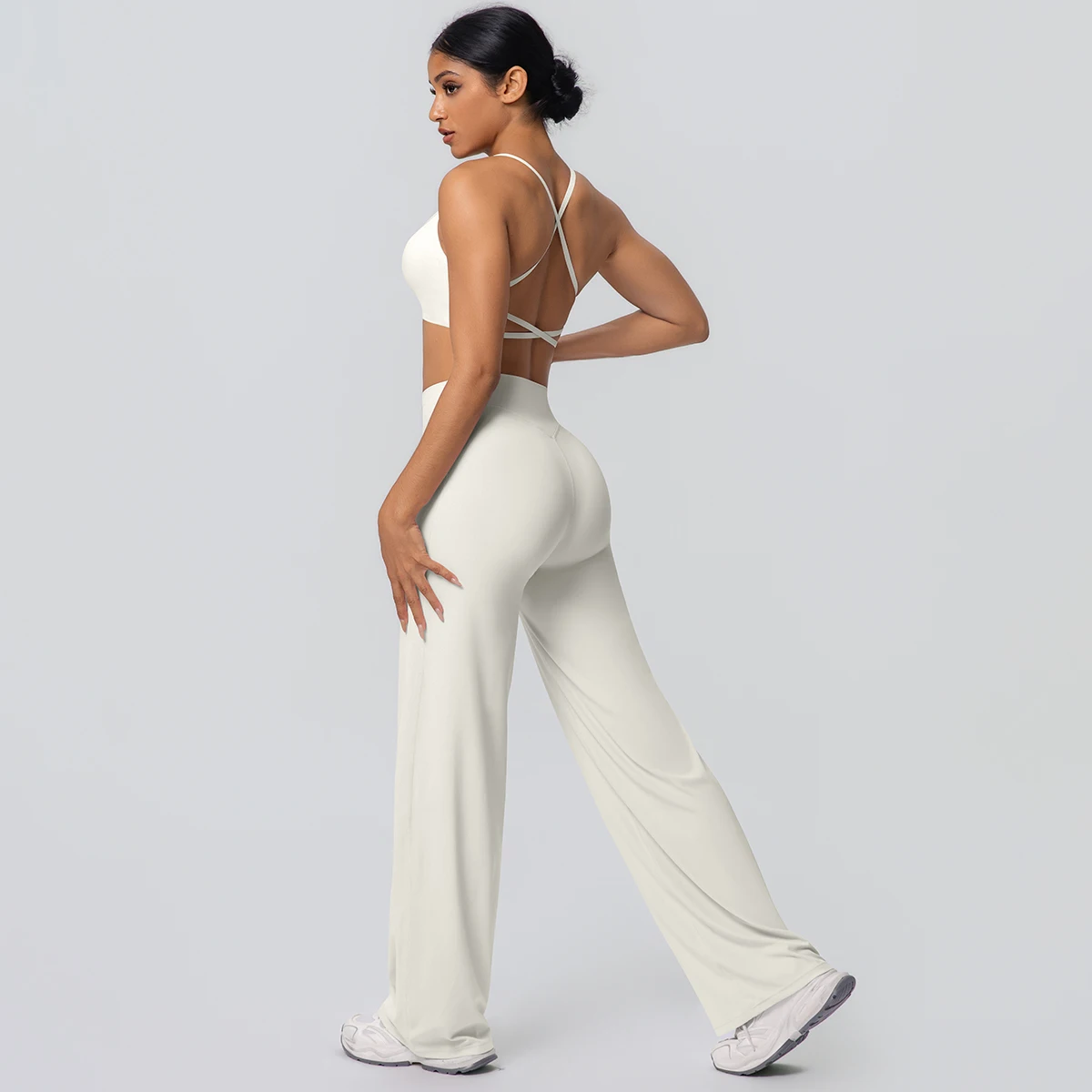Frauen Gym Sport Yoga Anzug Sexy Schöne Zurück Yoga Unterwäsche Mit Brust Pad Einfarbig Hohe Taille Breite Bein Hosen Yoga Set – Detail 30