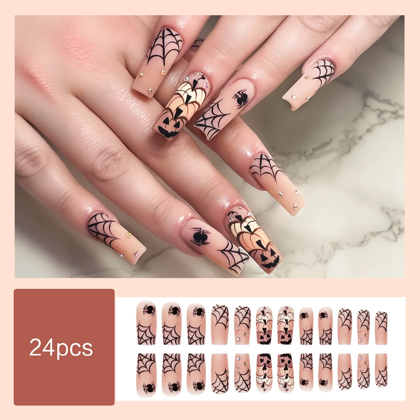عارية اللون متوسطة طول نعش الأظافر كاذبة 24 قطعة أظافر الهالوين اضغط على شبكة العنكبوت اليقطين المصممين غطاء كامل وهمية مسمار الفن #2