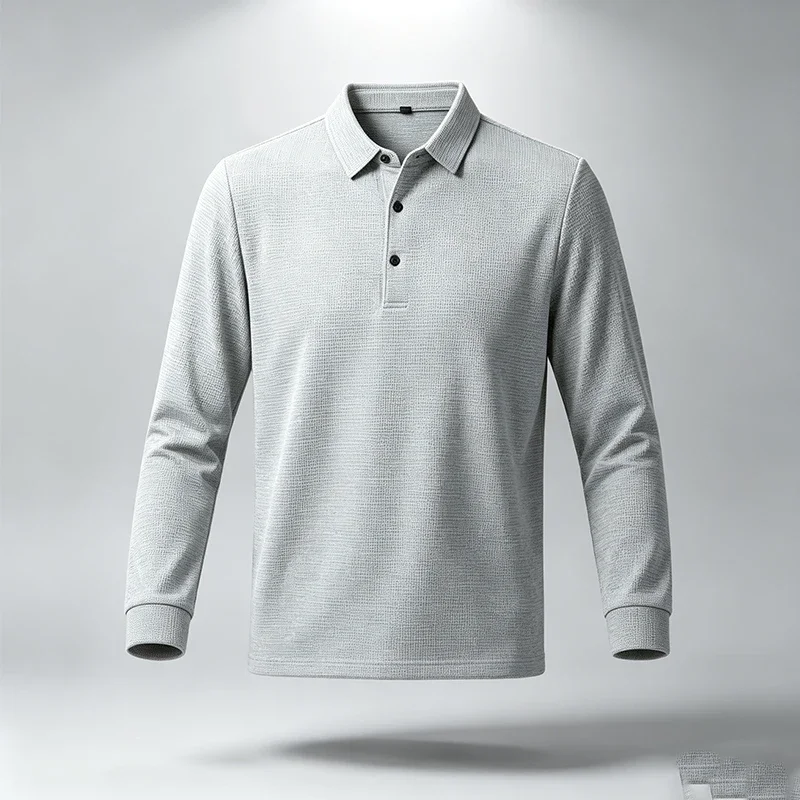 Men Textured Waffle Long Sleeve Polo Shirt Regular Fit Soft Wrinkle Resistant Business Casual Daily Pullover Top