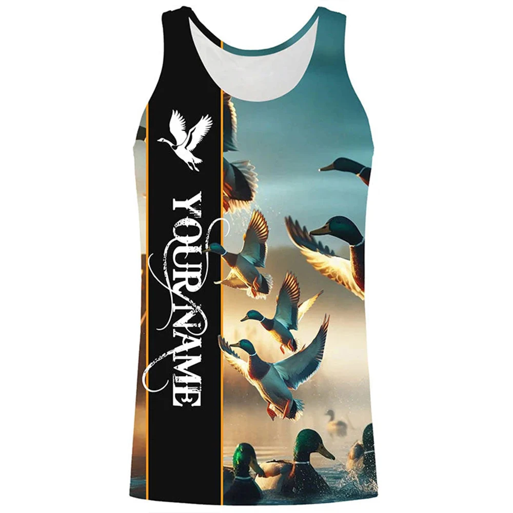 Custom Name Duck Hunting Tank Tops Mallard Duck With Camo Reed Background Graphic Sleeveless Shirts For Men Hunting Workout Tops