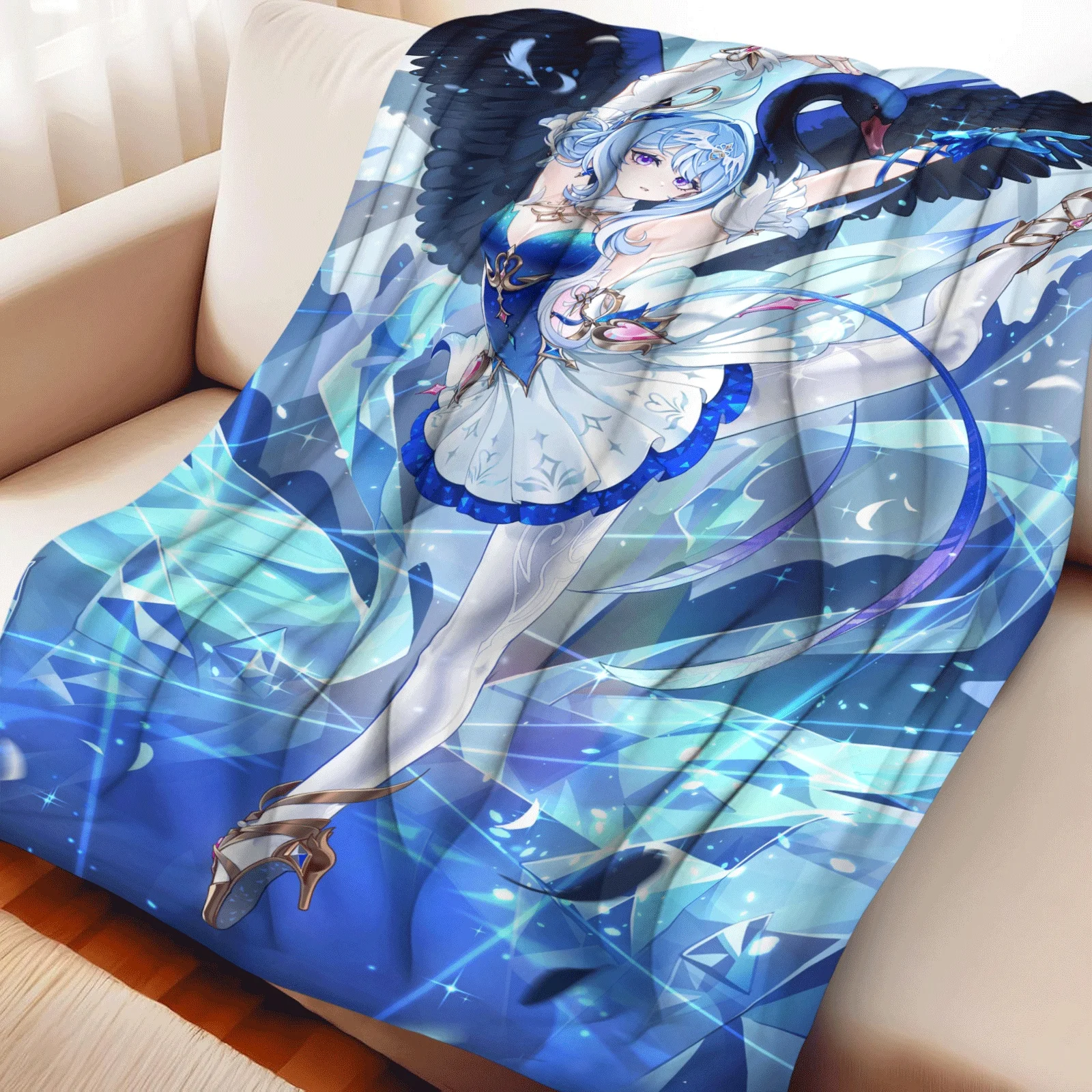 Anime Flannel Throw Blanket Robin Print Light Blue Hair Girl Ballet Pose Black Swan Warm Sofa Bed Blanket Fan Gift