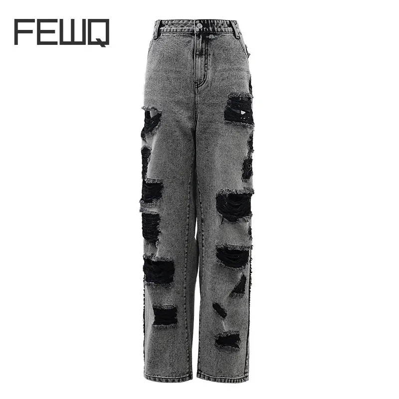 FEWQ High Waist Wide Leg Jeans New Trousers Fashion Tide Spring Autumn 2024 Vintage Korea Male Trousers Casual CPG1728