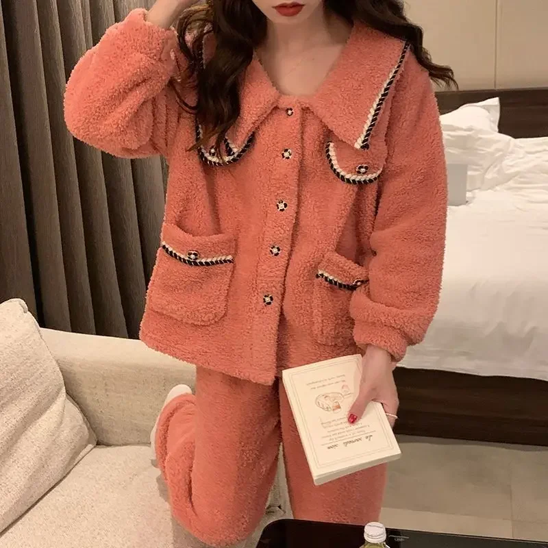 

Korean Version Sweet Coral Velvet Home Suit Set Autumn Winter Burst Small Fragrant Wind Keep Warm Rice Grain Cashmere Women