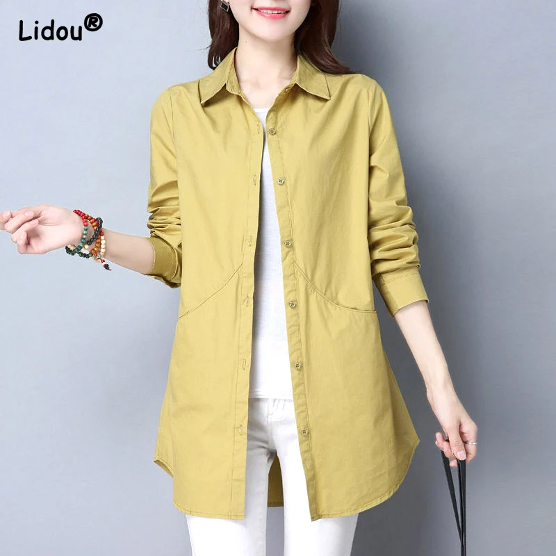 Long Cardigan Autumn Winter Thin Solid Loose Button Patchwork Pockets Turn-down Collar Casual Straight Women\'s Clothing Blouses