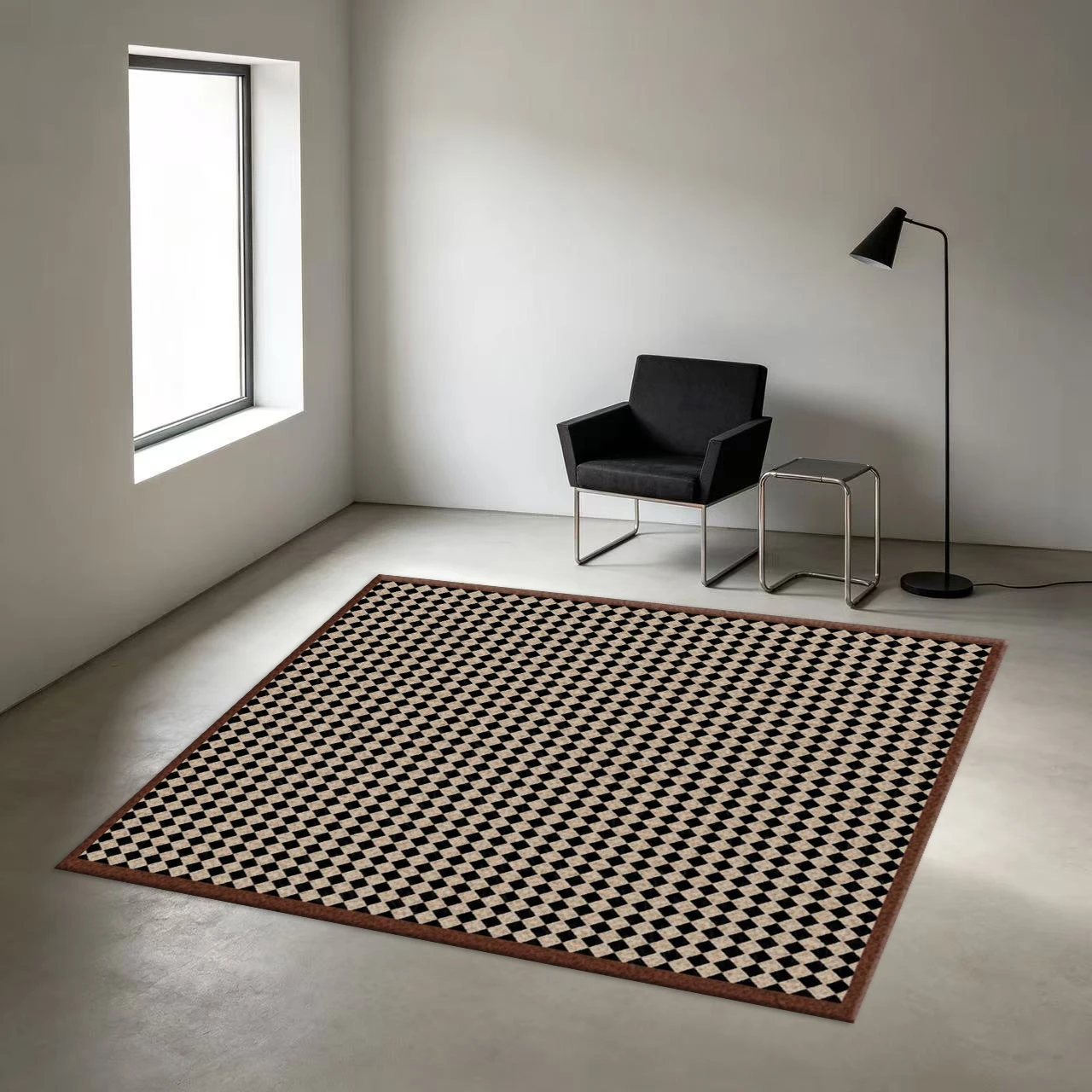 Classic Black and Beige Checkered Carpet, Vintage Square Rug, Soft Non-Slip Decorative Floor Mat Suitable for Entryway and Living Room