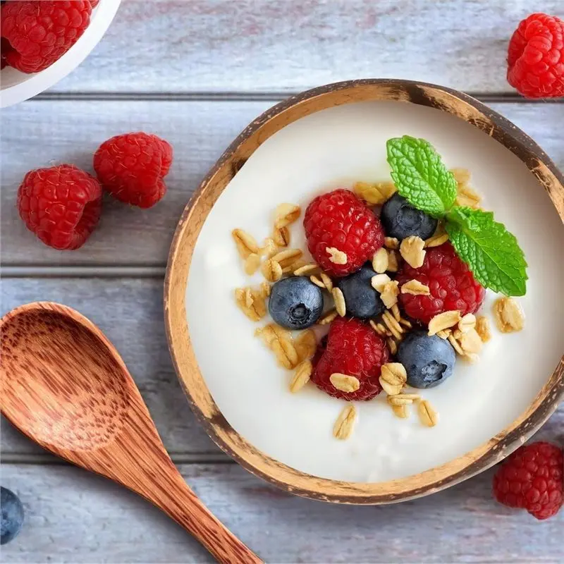 M11K-24 Pcs Bulk Polished Coconut Bowl And Wooden Spoon Sets Polished Coconut Salad Smoothie Bowls, Kitchen Dinnerware