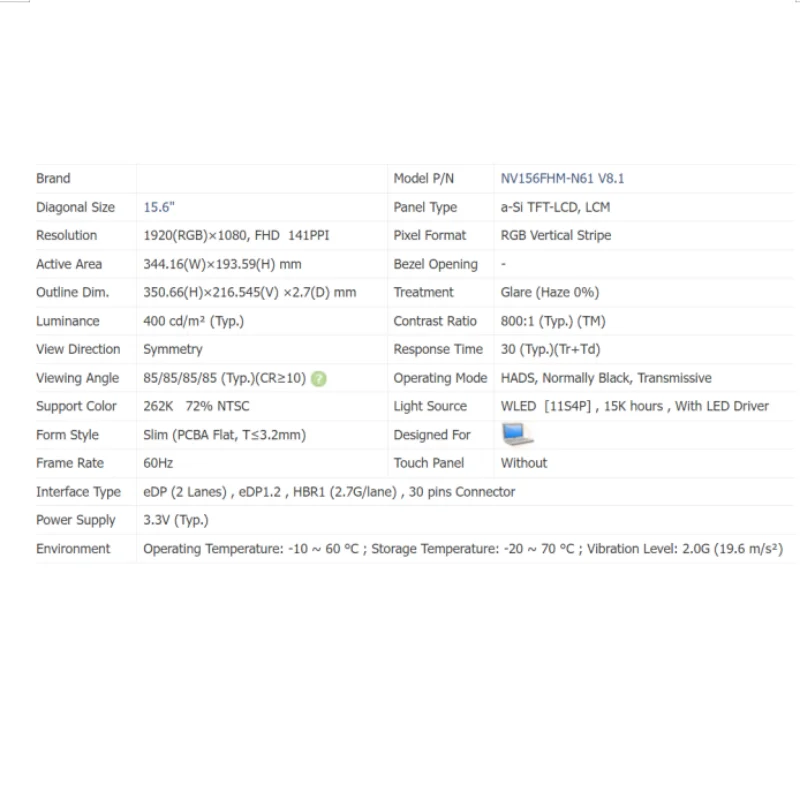 15.6 Inch LCD Screen NV156FHM-N61 N6D N4Q N156HCA-EA1 EA3 EN1 EN2 GA3 GA4 B156HAN02.0 02.4 TV156FHM-NH2 Display Matrix Panel