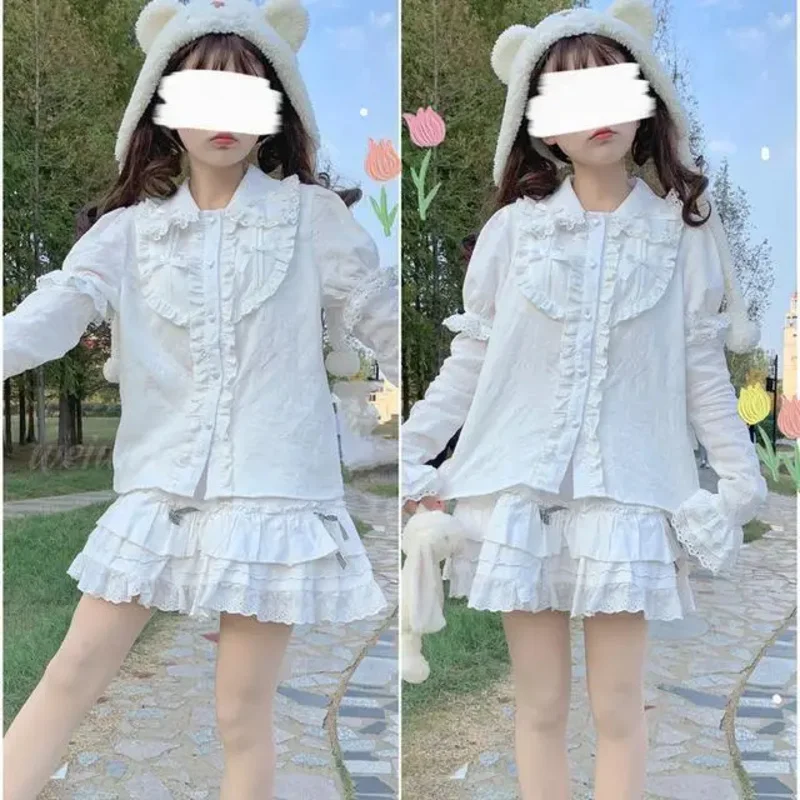 Blusas vitorianas Lolita Vintage para mulheres, laço doce japonês plissado, camisas de manga longa destacáveis para meninas, tops góticos kawaii, Y2K