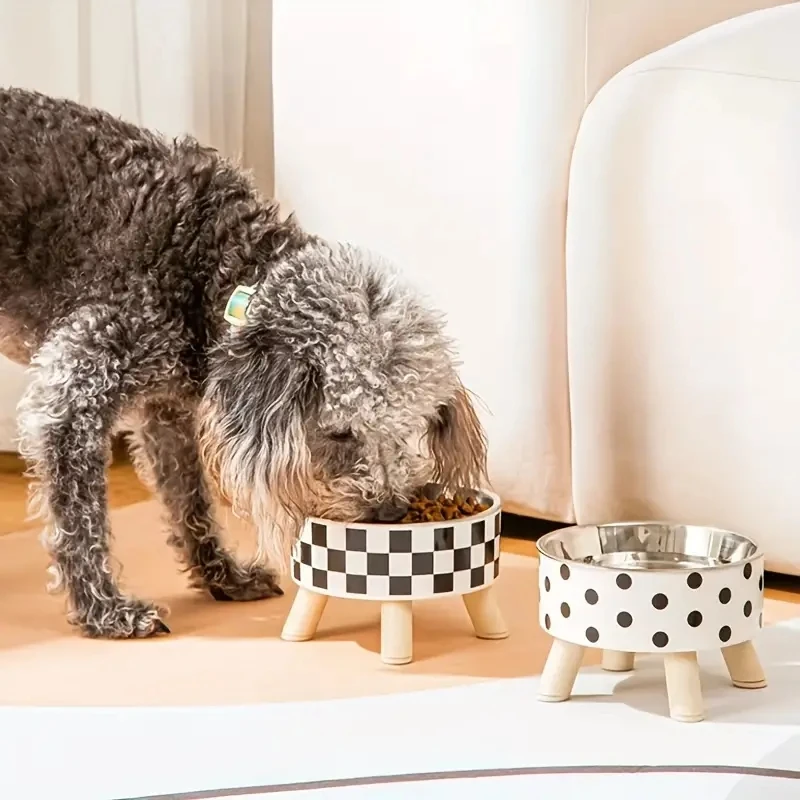 

Pet Food Bowl Dog Cat, Black White Dots Checkerboard Stainless Steel Elevated Pet Feeding Drinking Supplies