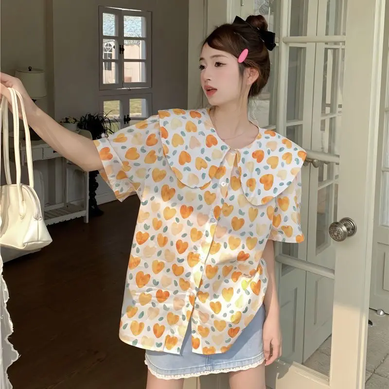 

Summer Casual Korean Fashion Loose Buttons Single Breasted Temperament Preppy Style Printing Short Sleeve Youth Lively Bright