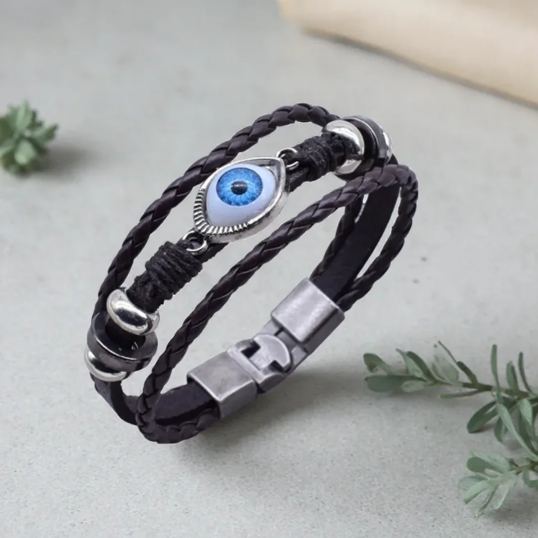 Hot Sale Black & Brown 20.5cm Hand made Leather Bracelet Men Women Evil Eye Bracelet Fashion Vintage Beads Jewelry