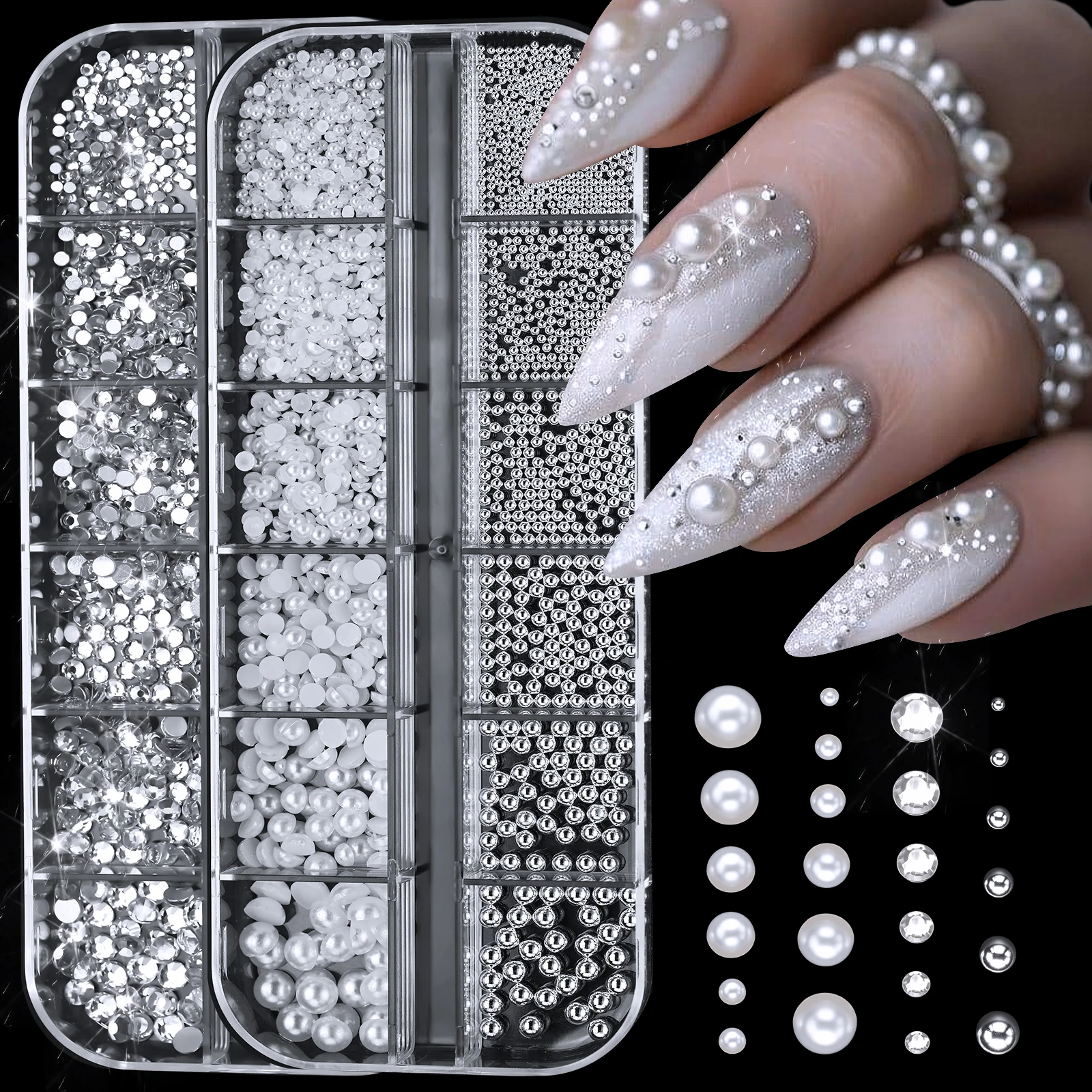 12 Grids/Box 3D Round Pearl White Nail Flat Rhinestones Mixed Size Caviar Beads Nail Stickers Nail Decoration Diy Nail Jewelry
