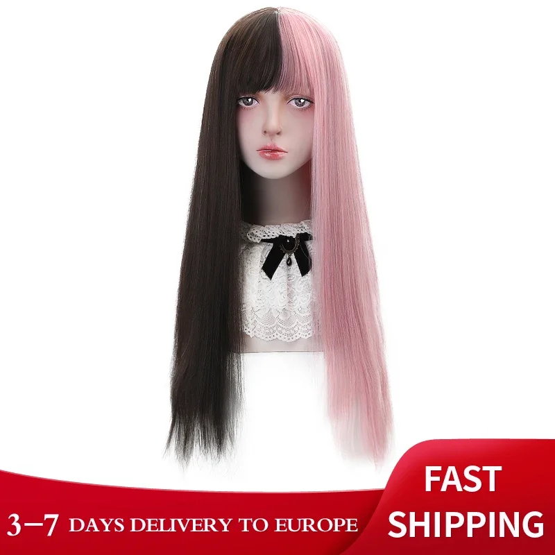 

Free Beauty Long Straight Synthetic Brown Violet Pink Middle Part 26" Lolita Hair Wigs with Bangs for Women Custom Party Cosplay