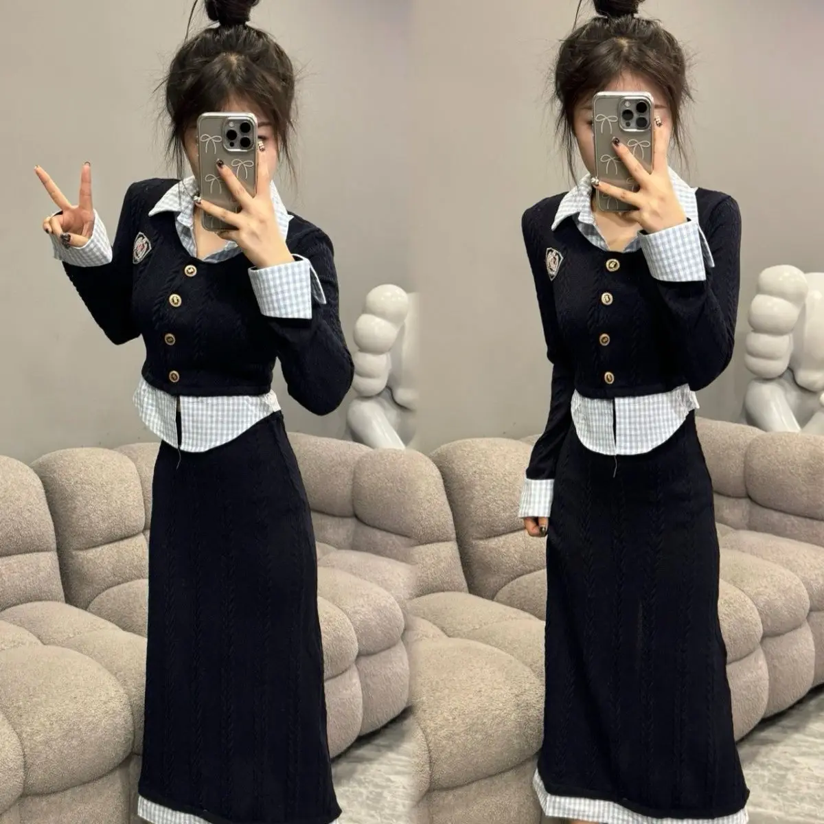 

2025 Internet Celebrity Same Style College Style Splicing Knitted Shirt High Waist Bag Hip Skirt Two Piece Set
