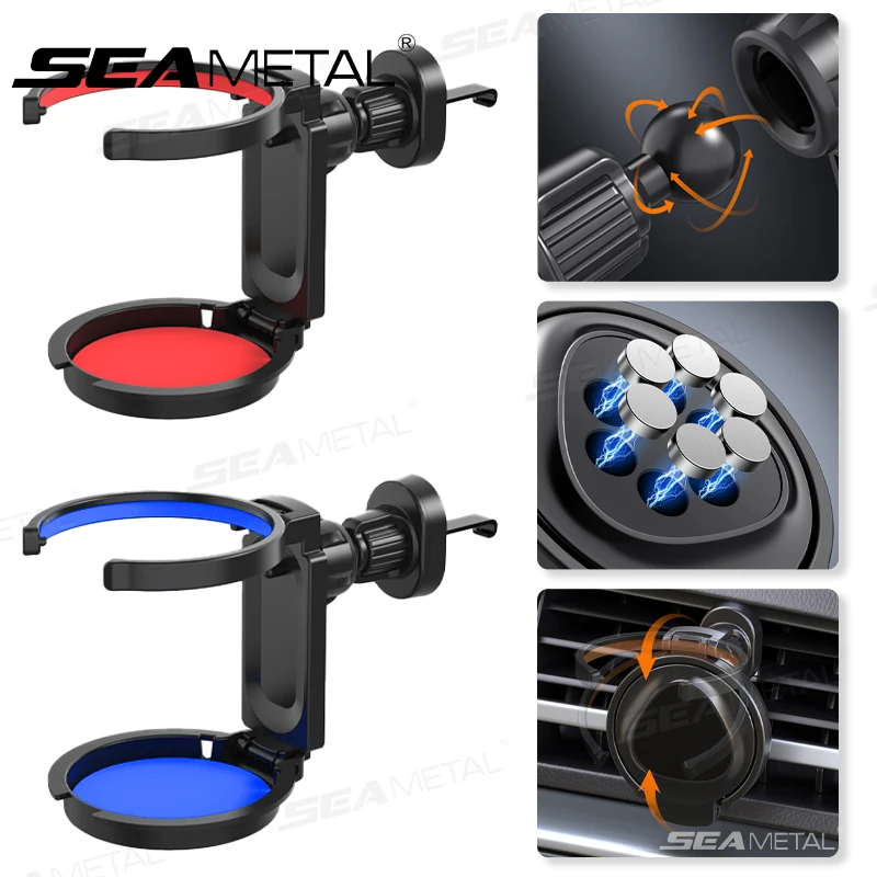 SEAMETAL Car Cup Holder Air Outlet Vent Magnetic Phone Mount 2 in 1 Foldable Drink Rack Phone Holder Water Bottles Stable Stand