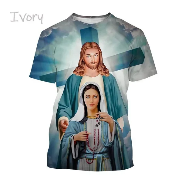 Christian God Jesus Fashionable 3D Printing T-Shirt Casual Round Neck Short Sleeve Mother of God Virgin Mary T-Shirt