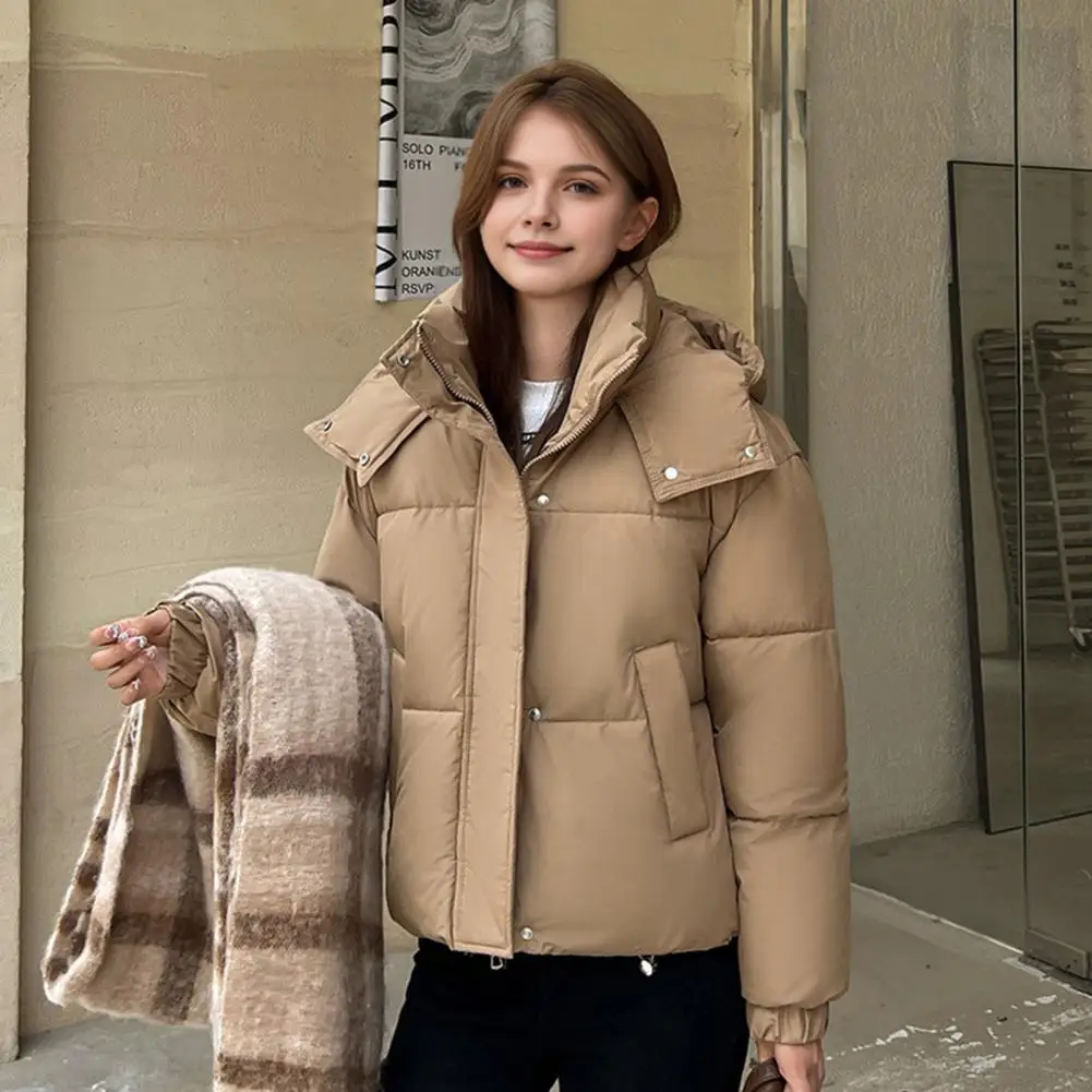 Winter Women's Cotton Jacket Stand Collar With Hood Neck Short Pocket Zipper Cotton Coat Solid Color Coat