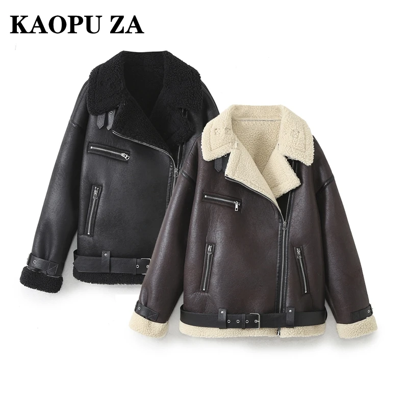 KAOPU ZA 2024 New Autumn/Winter Woman Casual Turn-down Collar Long Sleeve Jacket Coat Female Vintage Solid Color zipper belt Top