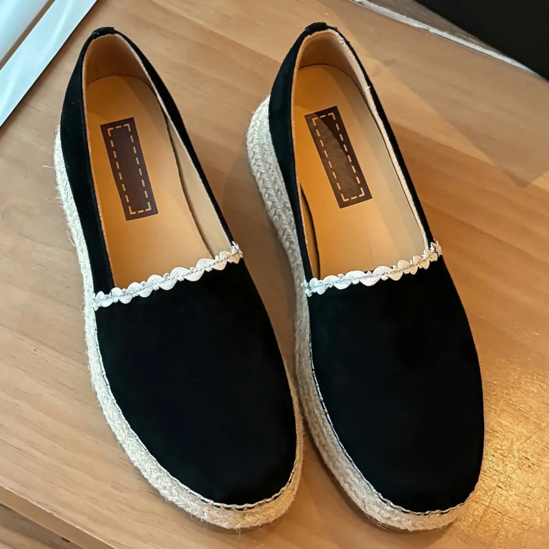 Women's natural suede leather thick sole platform flats loafers round toe hem Bohemia style casual female daily footwear shoes