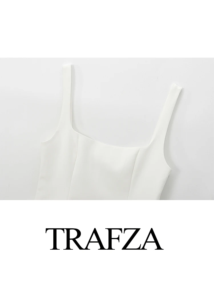 TRAFZA Vrouwen Mode Tops Witte Vierkante Kraag Mouwloze Backless Veer Decoratie Vrouwelijke Zomer High Street Sexy Tanks Top