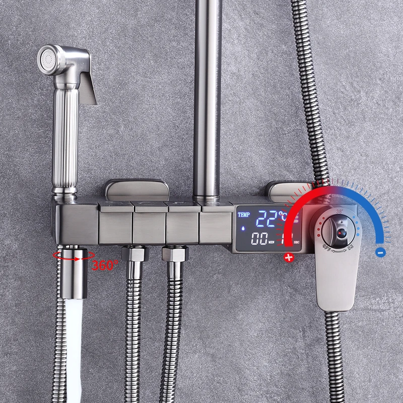 Grey Digital Piano Bathroom Shower Set Thermostatic Shower System Hot Cold Bathroom Mixer Faucets Tap 12 Inch Rain Shower Head