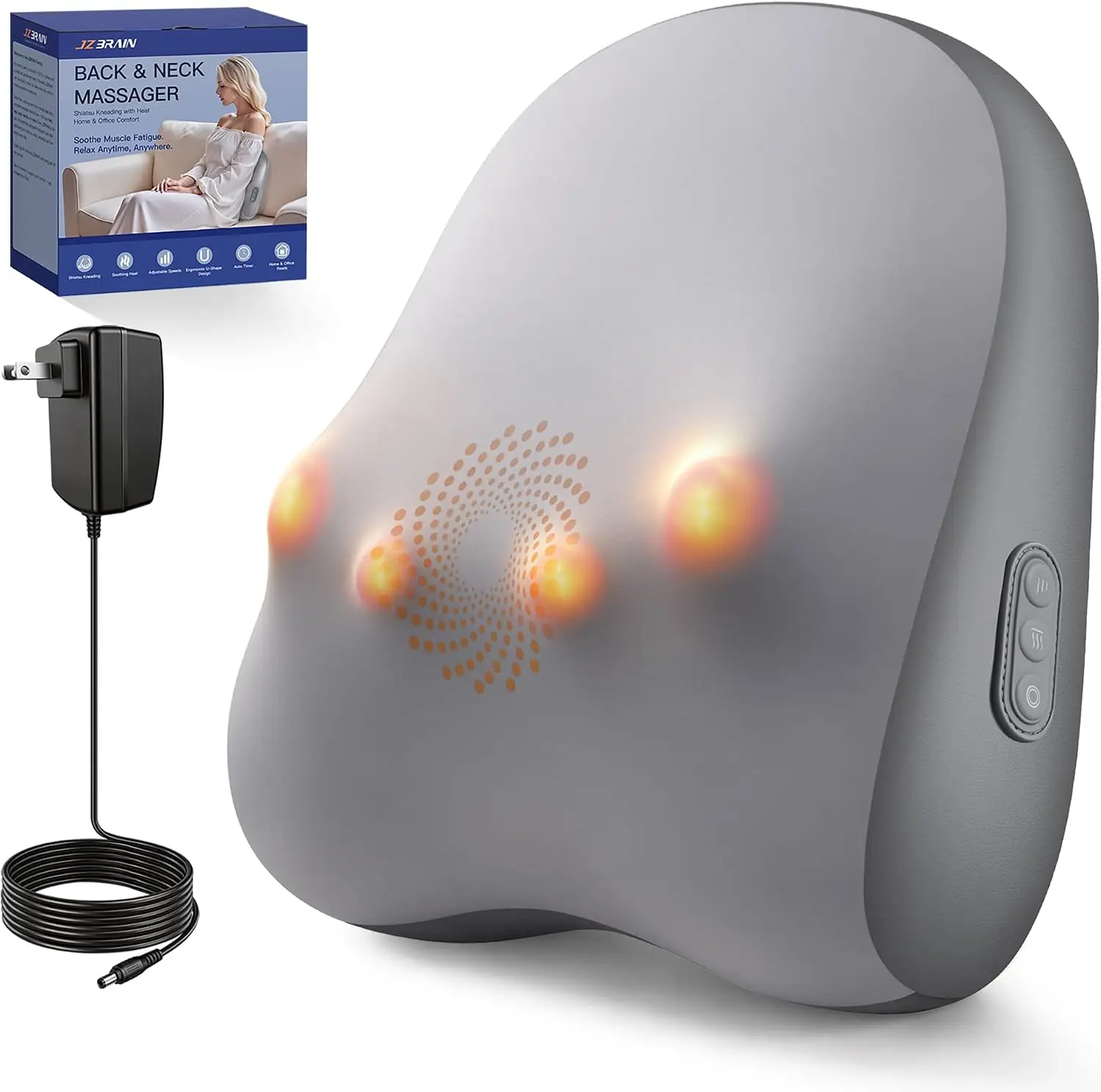 

Electric Back Massager with Heat, Deep Tissue Shiatsu for Pain Relief, 3 Modes 2 Intensity, Corded for Home Office Chair