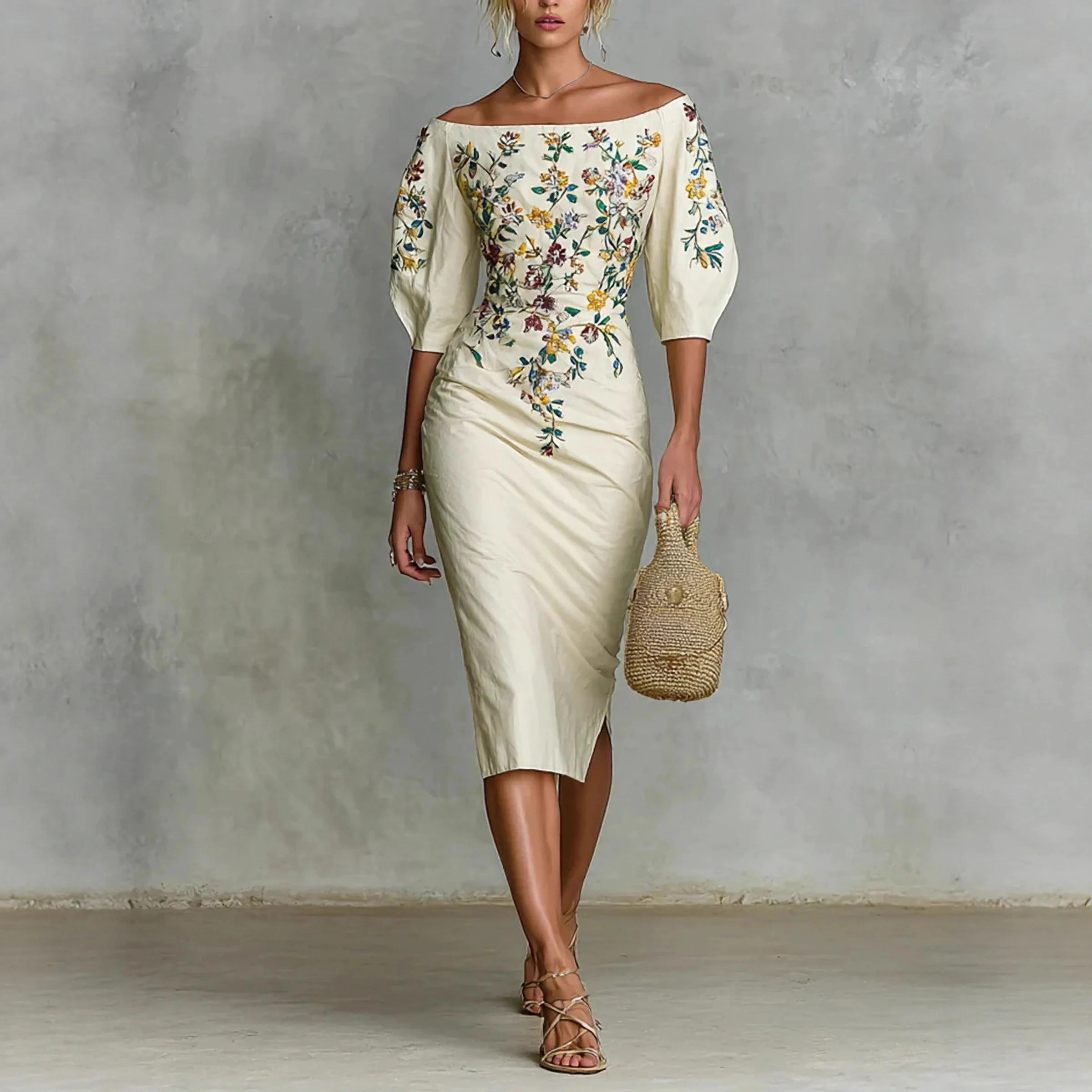 Vintage Floral Embroidery Print Off Shoulder Midi Dress Puff Sleeve Slim Fit Bodycon Split Cocktail Party Dresses For Women view 2