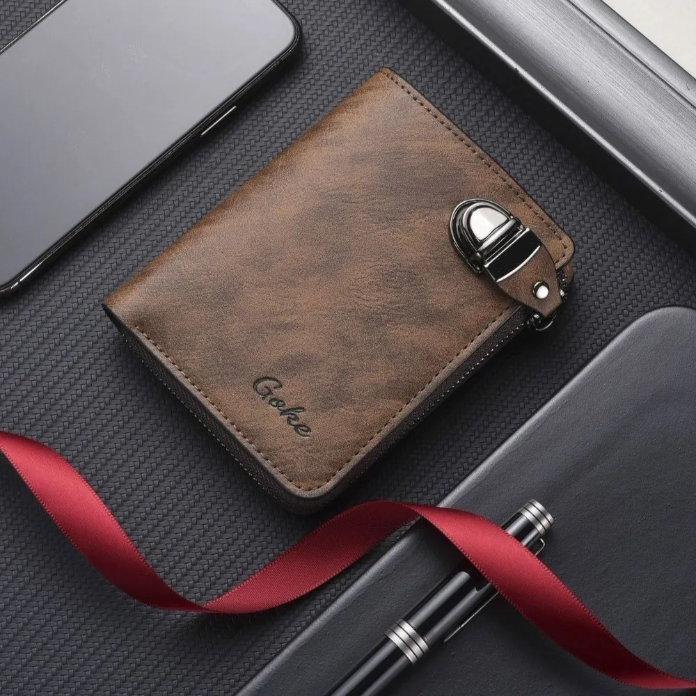 Draagbare herenportemonnee met ritssluiting, effen kleur, meerdere kaartsleuven, visitekaartjeshouder, korte gesp, leren portemonnee, cadeau