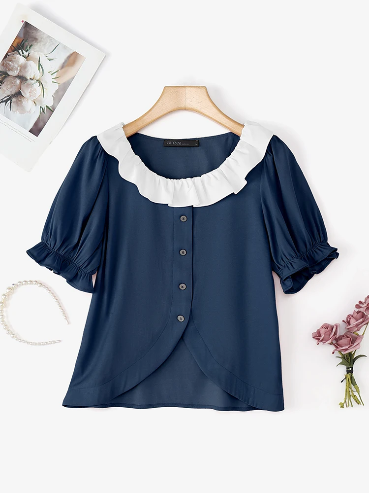 بلوزة نسائية من ZANZEA قمصان مكتب صيفية أنيقة بأكمام قصيرة منتفخة قميص عمل OL بحاشية غير منتظمة بلوزات مرقعة تونك نسائية #4