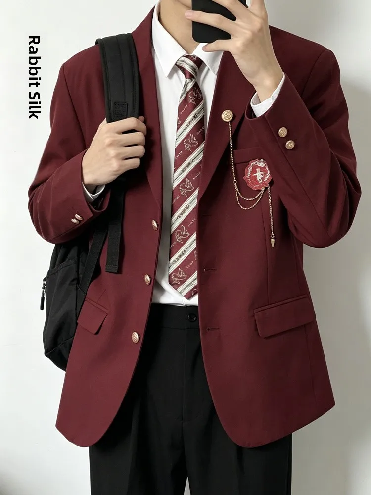 Red Long Sleeve Men's Suit Rabbit Dk Uniform Style Single Button Flat Collar College Wind Japanese Style Formal Western Clothes