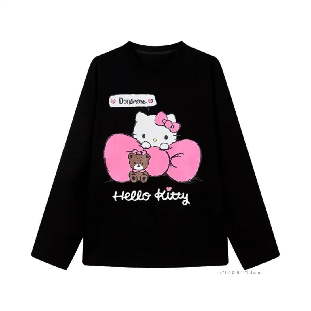 Sanrio Hello Kitty Pure Cotton Cute Letter Print T-shirt Loose Casual Round Neck Long Sleeved Tees Men Women Trend Versatile Top