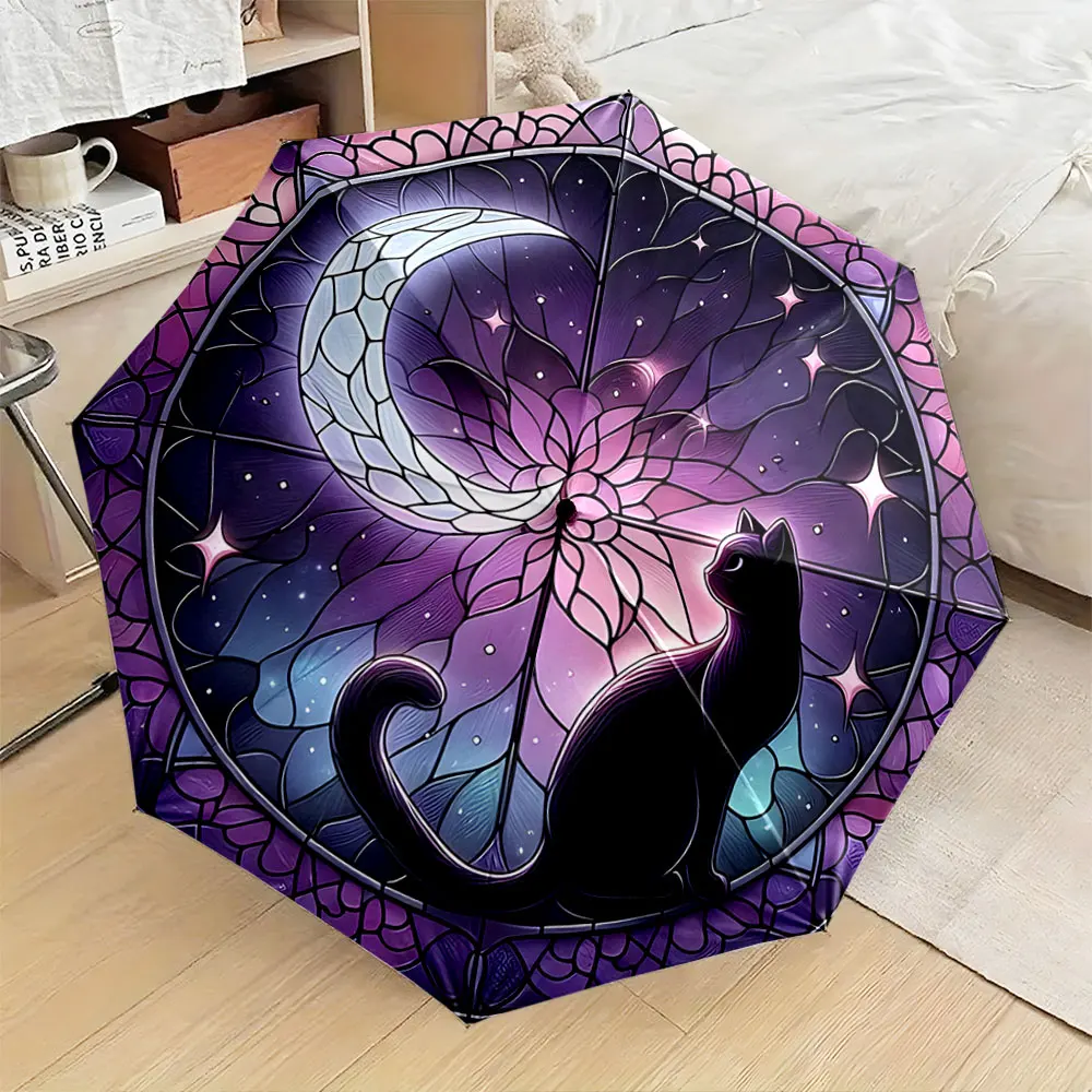 1PC Mystical Cat and Moon Design Umbrella Print 8 Iron Ribs Folding Umbrella Auto-Open Fashion Sunshade
