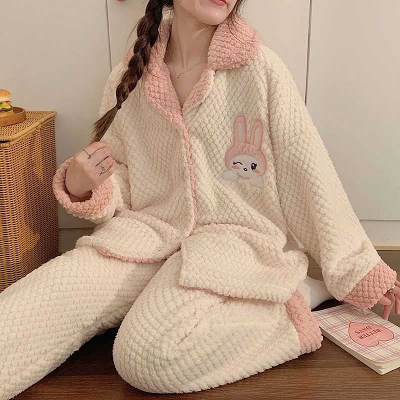 Winter New Female Pajamas Women Coral Fleece Thicken Fleece-lined Nightclothes Suit Casual Thermal Flannel Homewear Sets 2024