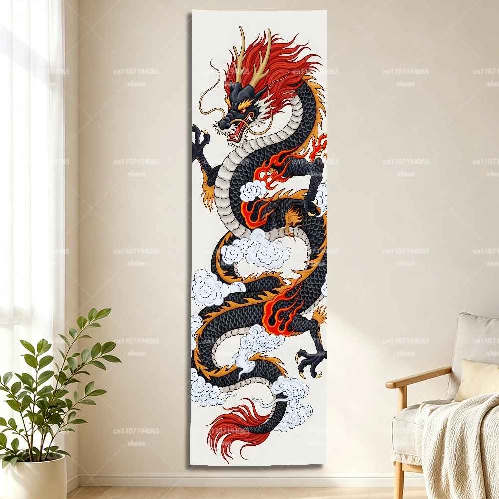Chinese Style Black Dragon Vertical Long Tapestry, Auspicious Cloud Fire Dragon Wall Hanging, Slim Rectangle Wall Cloth Oriental