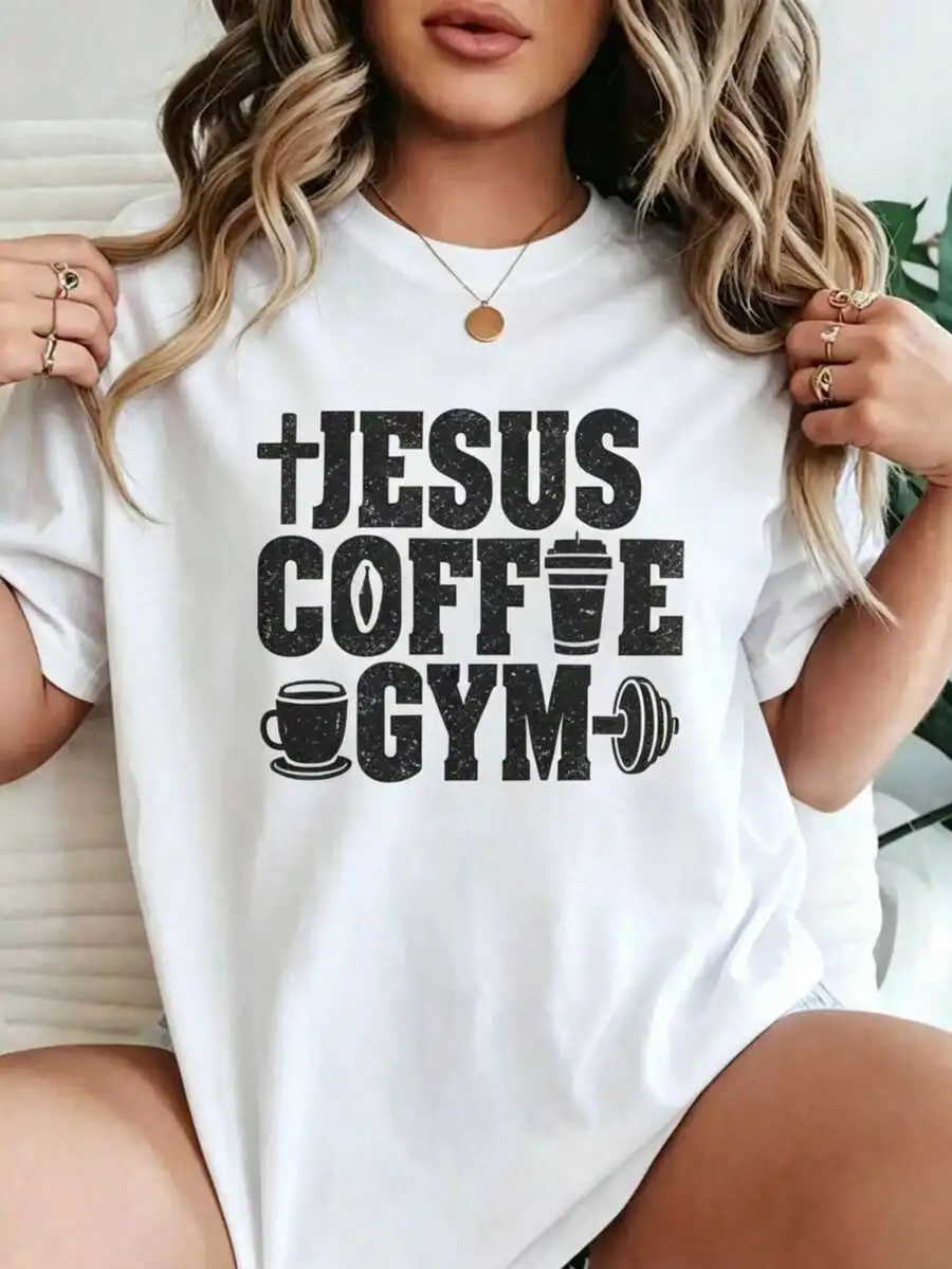 2026 Fashion New Women Short Sleeve Crew Neck Cotton T Shirt Jesus Coffee Gym Christian Faith Workout Weightlifting Gym Fitness Daily Casual Basic Top Tee