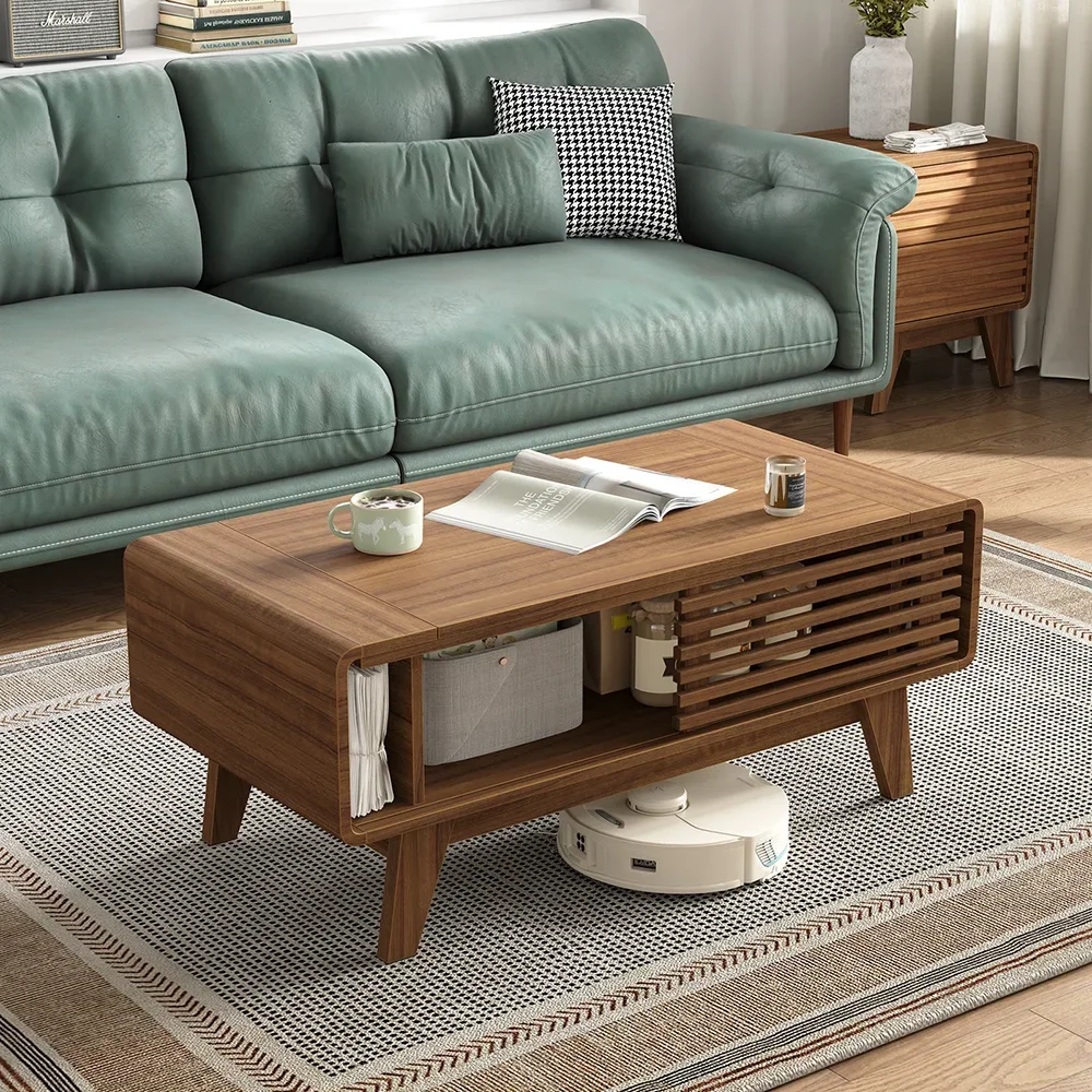 

For Mid-Century Modern Lift Top Coffee Table with Slatted Sliding Door Wooden Storage Center Table for Living Room