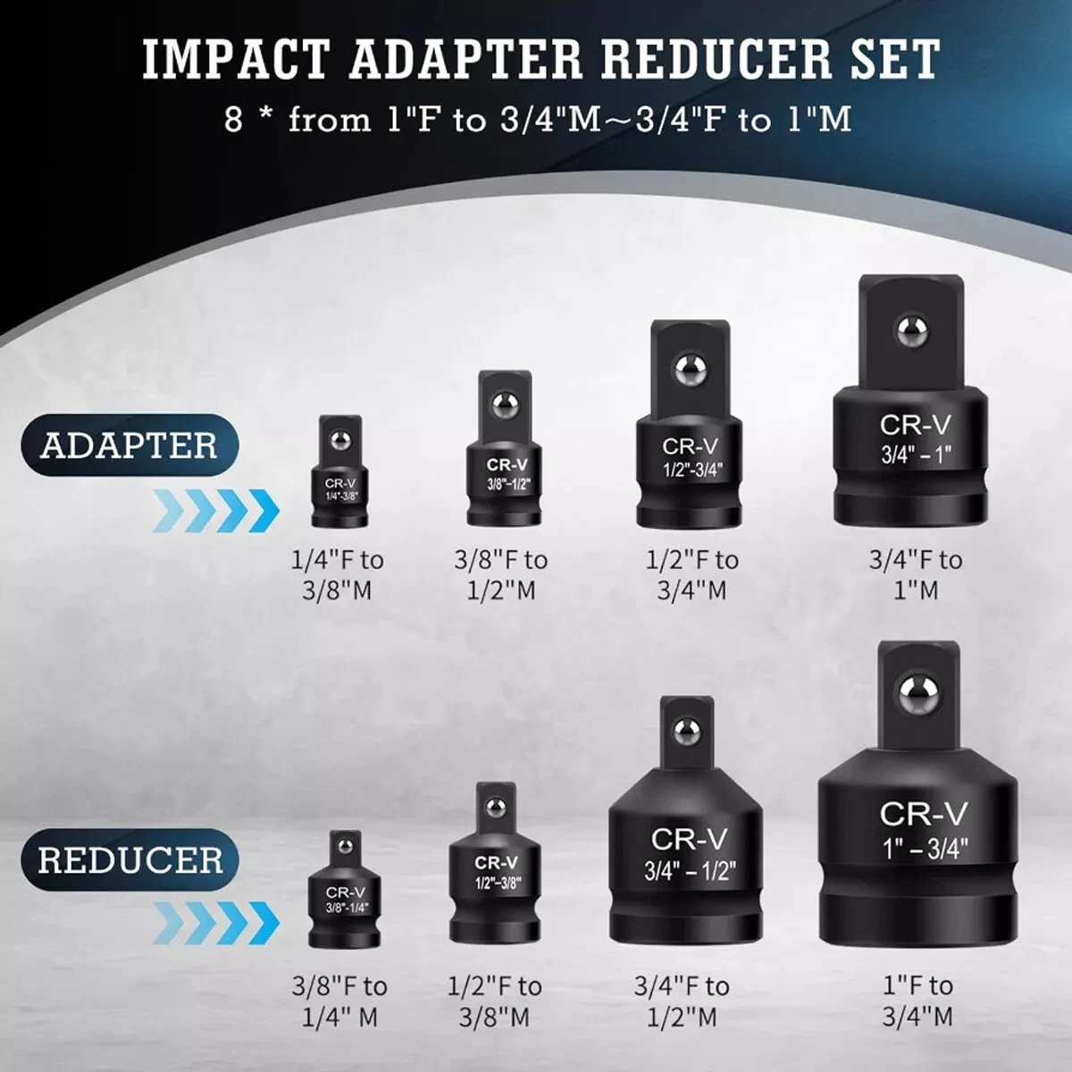 8-częściowy zestaw adapterów nasadowych udarowych, adapter redukcyjny klucza nasadowego CR-V, zestaw konwertera napędu, zestaw narzędzi do naprawy ręcznej napęd kwadratowy