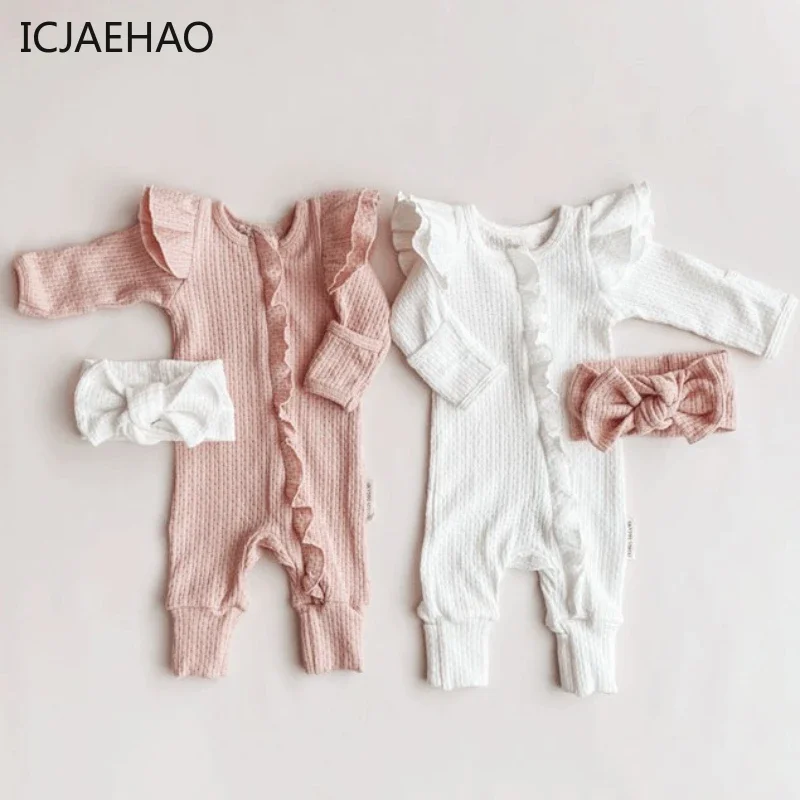 ICJAEHAO Newborns Girl Baby Jumpsuit Autumn Outfit Matching Long-Sleeved Foot Knitted Stretch Wafflet Jumpsuits Overalls Clothes