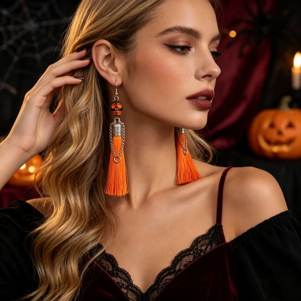 Halloween-Ohrringe mit bunten Quasten und Totenkopf-Anhänger für Damen, Punk-Street-Vintage-Cosplay-Ohrringe mit Skelett-Motiv, Schmuck – Detail 11